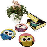 6 Porta Copos em MDF com Caixinha Artesanal Personalizados Corujas Descansos Coloridos